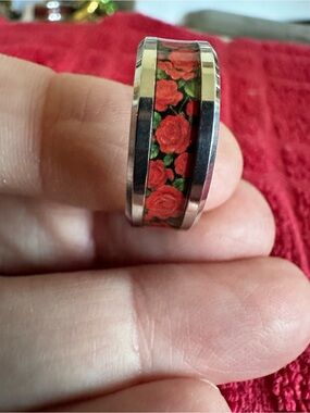 Red Rose Floral Inlay Women's Ring - Stainless Steel size 9
